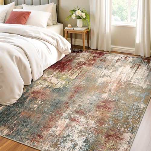 Washable Area Rugs 4'x6' Non-Slip Modern Abstract Soft for Living Room Entryway Bedroom Nursery, Print Pattern, Brown Rust Red Multi