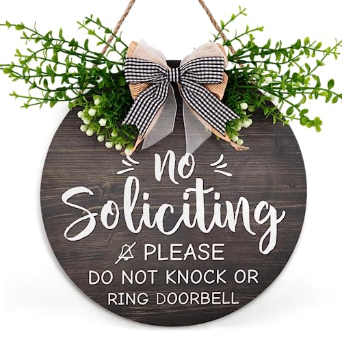 No Soliciting Plaque for House Wreath Please Do Not Ring Doorbell Sign 12 Inches Do Not Disturb Door Hanger Sign with Plaid Bow Decoration No Soliciting Sign for Home Entryway Porch Yard Door