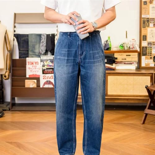 Men’S Vintage Loose Fit Two Tuck Denim Trousers Zipper Fly High Waist Midweight Washed Workwear Full Length Daily2