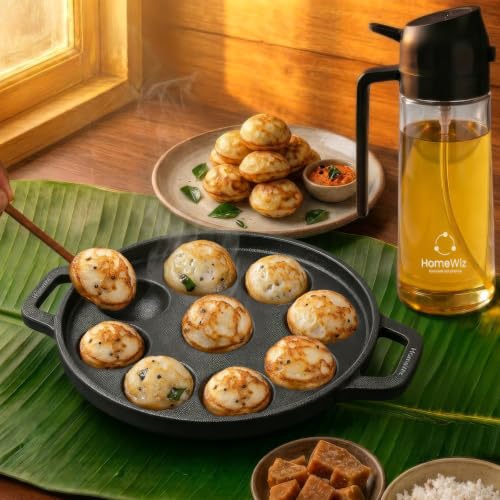 Image of HomeWiz Cast Iron Appe Pan 9 Cavity 22 cm | Free Oil Dispenser 500ml | Pre-Seasoned Appe Maker for Appam, Paniyaram & Appe | Non Stick Appam Pan | Naturally Non-Stick | Works On Induction & Gas