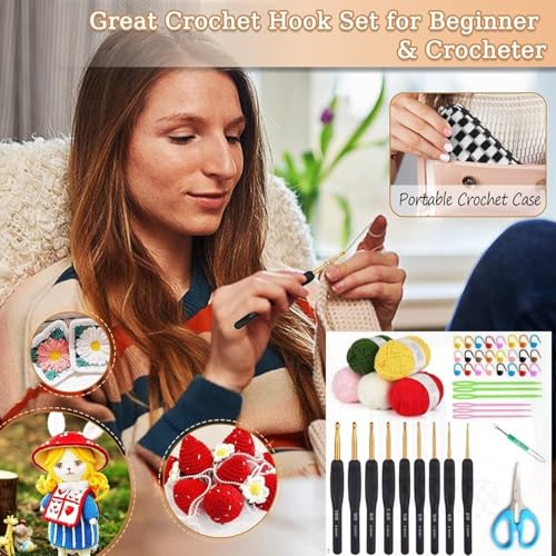 Image of Ergonomic Crochet Hook Set with Soft Grip Handles (2.0-6.0mm) - Black & Gold Aluminum Crochet Hooks for Arthritic Hands, Complete Beginner Crochet Kit with Yarn, Stitch Markers, Needles & Scissors (gold hook kit)