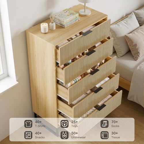 Image of Tall 5 Drawers Dresser Set of 2 for Bedroom, Natural Wood Dresser with Metal Handle, 49.2'' Chest of Drawers Modern Drawer Organizer with Large Drawers for Living Room, Cloest, Hallway