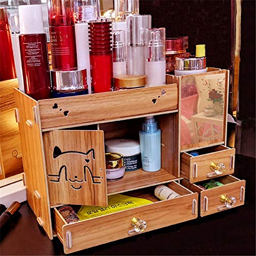 ANDER Makeup Organizer Wooden Dresser Organizer, Lipstick Organizers and Storage with Mirror, Makeup Storage Drawers Built-in Mirror Ring Earring Necklace Organizer Storage Case(Wooden Grain)