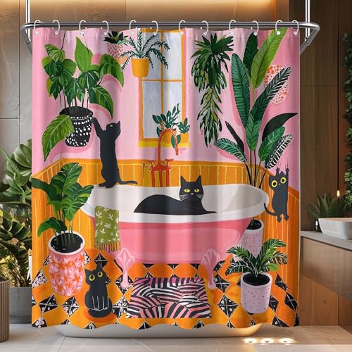 Fowocu Funny Cat Shower Curtain Boho Cute Fun Black Cats Matisse Shower Curtains for Bathroom Kitten Green Tropical Plant Leaves Pink Orange Yellow Waterproof Fabric Bath Curtain Decor 72 X 72 Inches