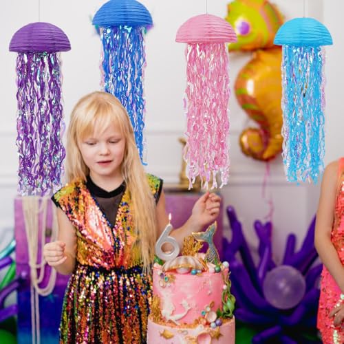 Image of Jellyfish Paper Lanterns Under The Sea Party Decorations Hanging Colorful Jellyfish Lanterns for Baby Shark Mermaid Birthday Party Decorations Baby Shower Classroom Decor Pack of 4 Colorful