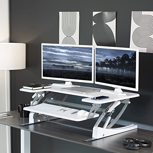 Image of VIVO White 36 inch Standing Desk Converter, DESK-V000VW | Height Adjustable, Stand Up Desk Riser, Wide Keyboard Tray, Dual Monitor and Laptop Workstation, V Series