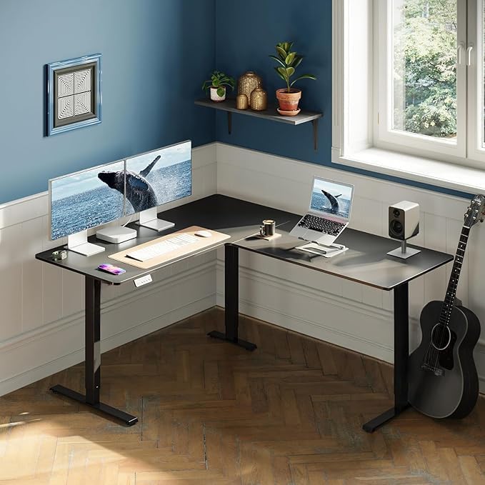 Image of TEKAVO Electric Standing Desk | L Shaped Height Adjustable Workstation | Single Motor Sit Stand Desk for Home & Office | Ergonomic Study Table with Spacious Desktop I DIY (Black)