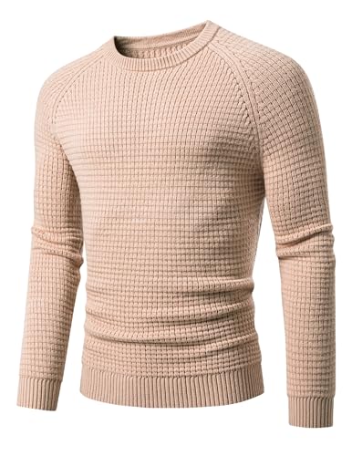 JMIERR Mens Crewneck Sweater Waffle Textured Knitted Solid Pullover Casual Daily Wear Soft 2025 Fashion Pullovers
