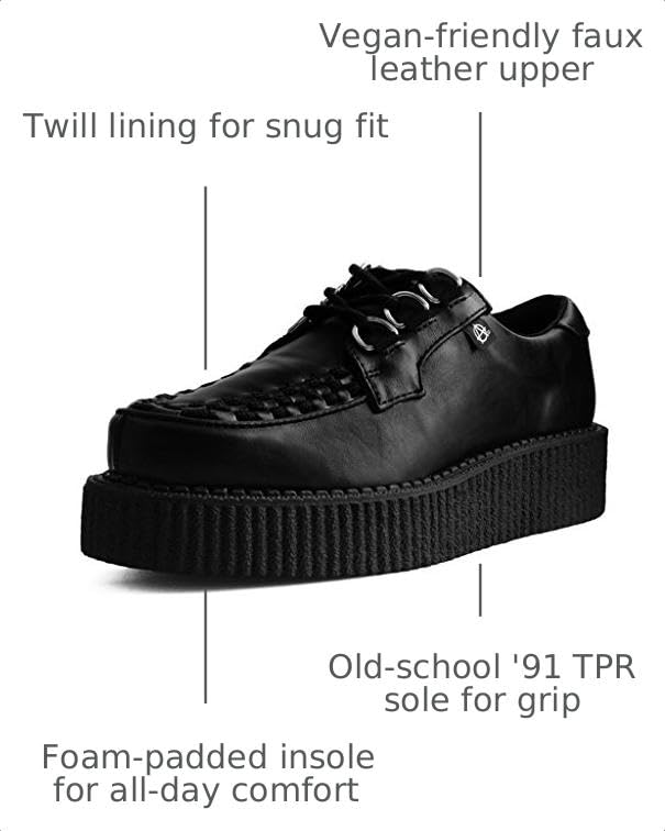 Image of T.U.K. Black Faux Leather Anarchic Classic Creeper Shoes for Women and Men | Vegan-friendly faux leather upper, foam-padded insole, twill lining, 3 D-ring lace-up closure, durable TPR sole construction