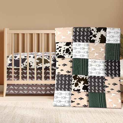 3 Piece Patchwork Western Crib Bedding Set, Neutral Cow Cactus Print Baby Bedding, Barnyard Western Nursery Decor, Standard Size Soft Baby Bed Set Includes Quilt, Fitted Crib Sheet, Bed Skirt