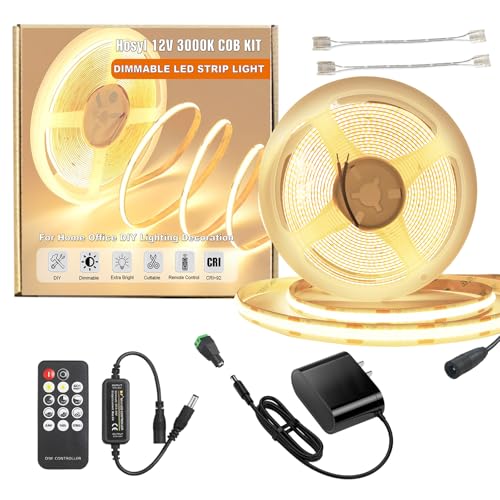 Image of Dimmable Warm White COB LED Strip Light Kit 16.4ft with RF Remote & UL 12V Power Supply 3000K CRI93+ No Dark Spots Tape Lights for Indoor Cabinet, Bedroom, DIY Craft, Wall Accent Lighting