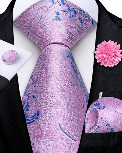 Image of DiBanGu Mens Zipper Tie Silk Pre-Tied Necktie with Gift Box | Jacquard Woven,Paisley Solid Plaid Pattern,6PCS with Pocket Square,Cufflinks and Lapel Pin,for Wedding Party Formal Business