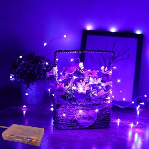 RUICHEN Copper Wire Mini Fairy Lights Battery Operated, 16 Ft 50 LED Starry String Firefly Lights for Bedroom, Christmas, Parties, Wedding, Centerpiece, Purple, 1 Pack
