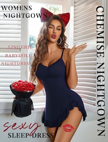 Image of Avidlove Lingerie for Women Sexy Nightgown Modal Nightwear Side Slit Babydoll Chemise Spaghetti Strap nighties