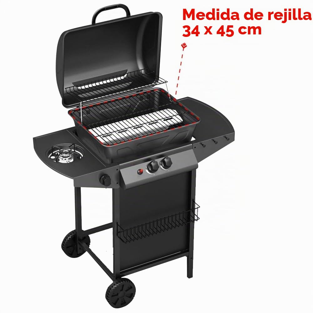 Barbacoa de gas con piedra volcánica y barbacoa de gas, 2 quemadores + estufa lateral estructura de acero con plano lateral de apoyo y 3 perchas Pratiko Life