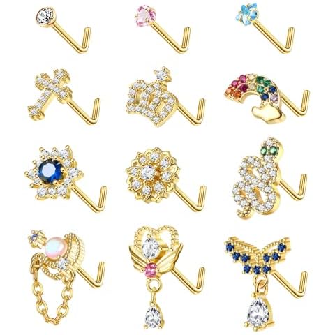 Adramata 12 Pcs 20G Nasenpiercing Stecker Nasenring Chirurgenstahl Nasenpiercing L Dangle Nase Studs für Frauen Männer CZ Opal Herz Mond Blume Schlange Nase Nasenpiercing Schmuck, Silber/Gold,G Cover