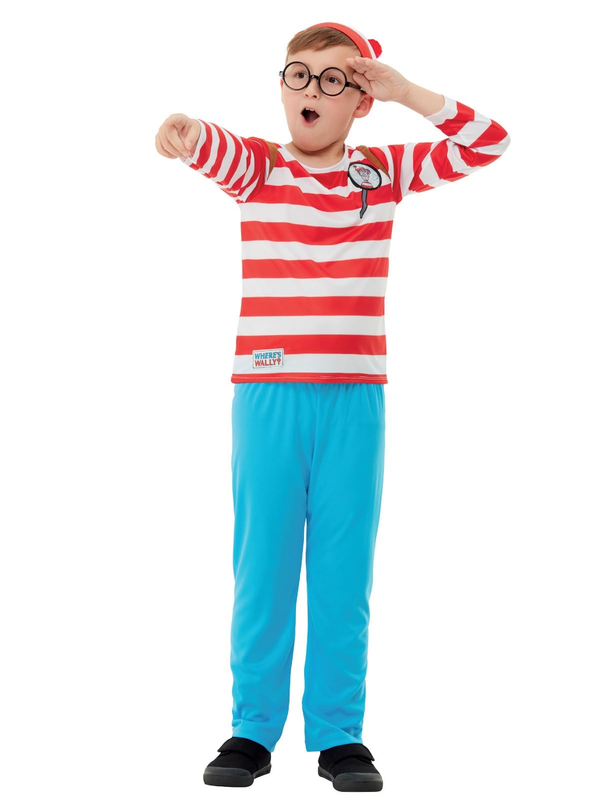 Smiffys Where's Wally Deluxe Costume, Childrens Red & White Top, Trousers, Hat & 3D Glasses, Iconic Outfit with 3D Print, Perfect for Themed Parties or World Book Day or Halloween