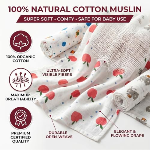 Image of StarAndDaisy Organic Muslin Swaddle Blanket Pack of 3 for Newborn Babies, Cotton Muslin Receiving Blanket, Ultra Soft Breathable Baby Wrap, Burp Cloth & Stroller Cover, 75 x 80 cm