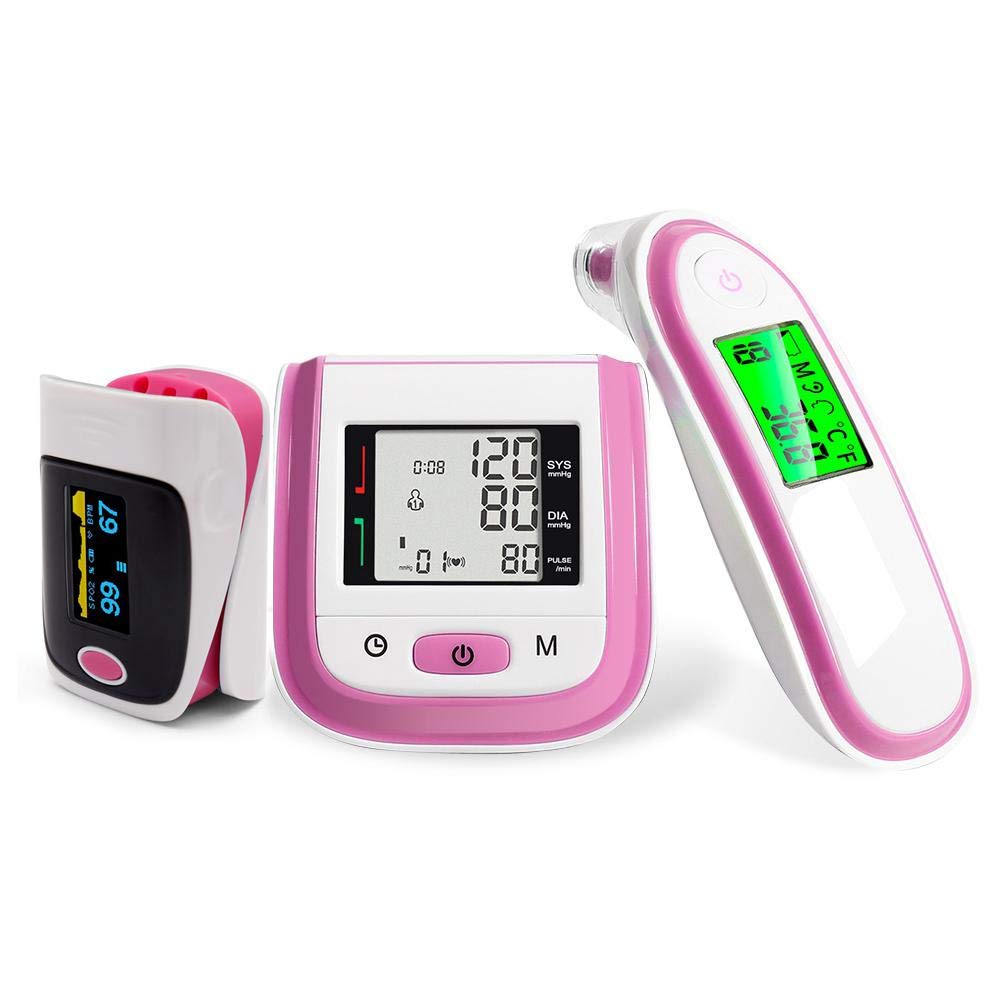 Family Health Equipment Set,Goglor,LED Finger Pulse Oximeter And LCD Wrist Blood Pressure Monitor And Ear Infrared Thermometer At Home Useing For Children, The Elderly, Pregnant Women's Family