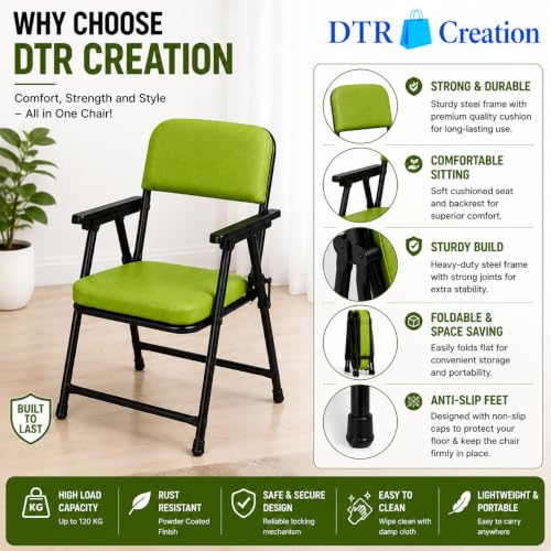 Image of Foldable Cushioned Chair with Armrests | Heavy Duty Metal Frame | Soft Padded Seat & Backrest | Space Saving Folding Chair for Home, Office, Study & Guest Seating | Green