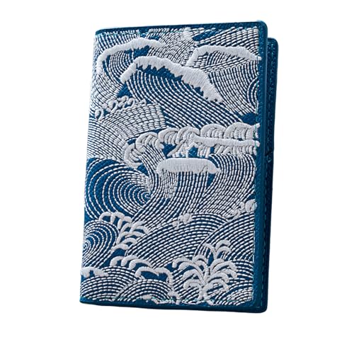 Wavy embroidery Double fold cardholder Leather Wave Pattern Bifold Wallet, RFID Blocking Card Holder, Slim multi - slot Travel Wallet (blue)
