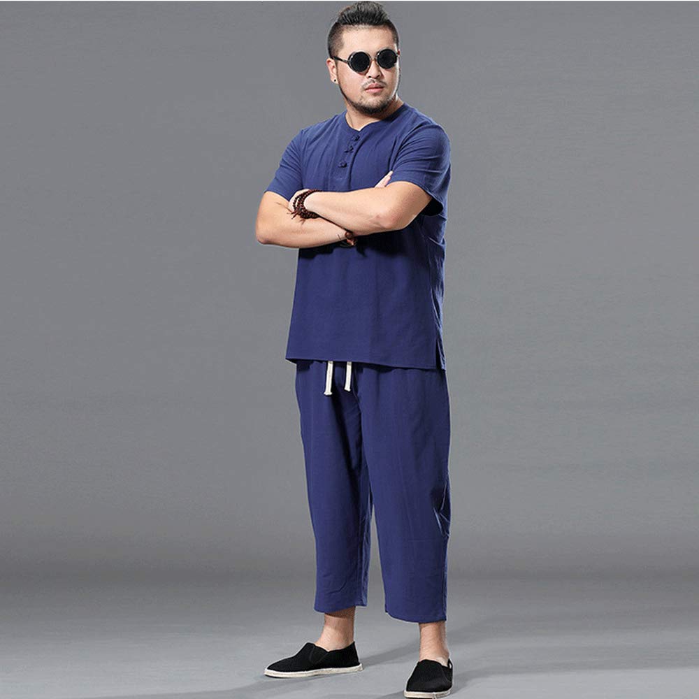 Tai Chi Anzug Tang Anzug Baumwoll- Und Leinenanzug Männlicher Chinesischer Stil Kurzärmeliges T-Shirt Trend Hanfu National Style,L-Blue