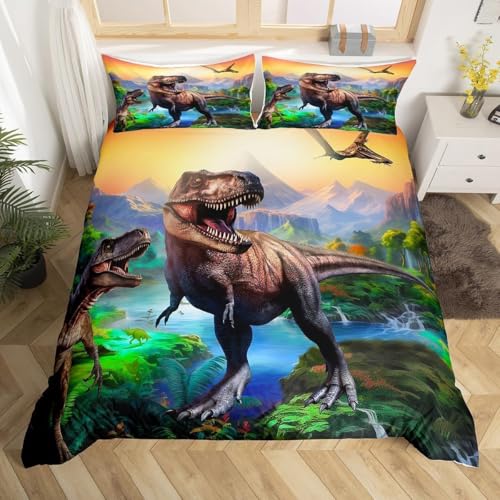 Homewish Housse de Couette Dinosaure 200x200 Enfant Parure de Lit Ado Garçon, Ensemble de Literie Dino Jungle Housse de Couette Animaux Anciens en 3D,...