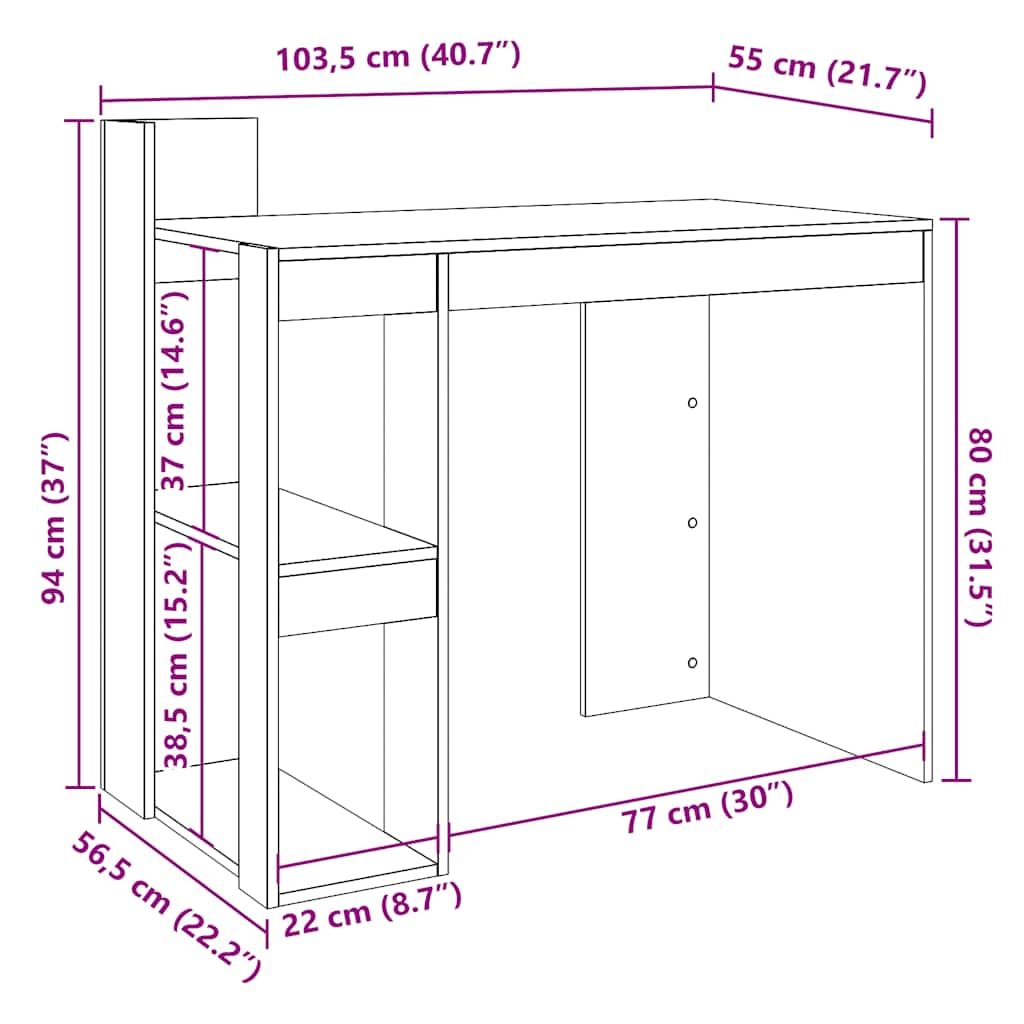 Scrivania nera in legno 103,5 x 56,5 x 94 cm, scrivania da ufficio con 2 ripiani e ripiano per laptop, monitor, stampante, home office, studio e camera dei ragazzi