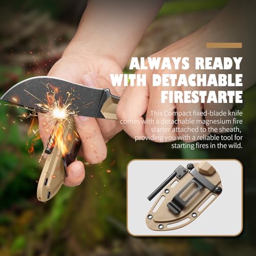 Survival Knife with Fire Starter L-Y, 7.68" Full Tang Small Fixed Blade Knife with Belt Clip, Khaki + Stonewashed Black - Image 6