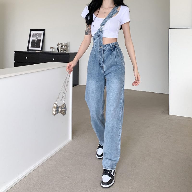 Spring and summer irregular denim suspenders high-waisted wide-leg straight pants2