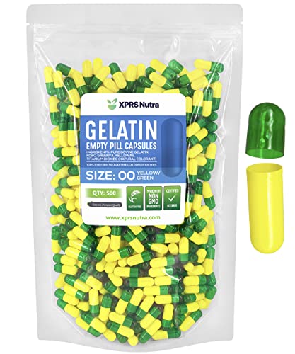 Image of XPRS Nutra Size 00 Empty Capsules - 500 Count Empty Gelatin Capsules - Pills DIY Capsule Filling - Fillable Pill Gel Caps for Do-It-Yourself Supplements (Green /Yellow)