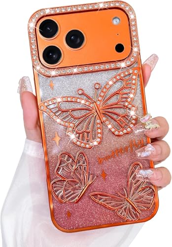 Image of Elzzi Electroplated Butterfly Phone Cover for iPhone 17 Pro Case, Showcasing Pearlescent Diamond Soft TPU, Camera Protection, Shockproof, Dropresistant Stylish for Girls & Women (Cosmic Orange)