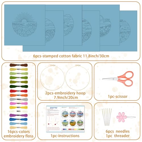 Image of BEUNITONE 6 Set Flower Sea Starter Embroidery Kit with Pre-stamped Pattern Needlepoint Craft Kits with Embroidery Hoops Complete DIY Handmade Cross Stitch Set for Home Decor and Festival Gifts 20x20cm