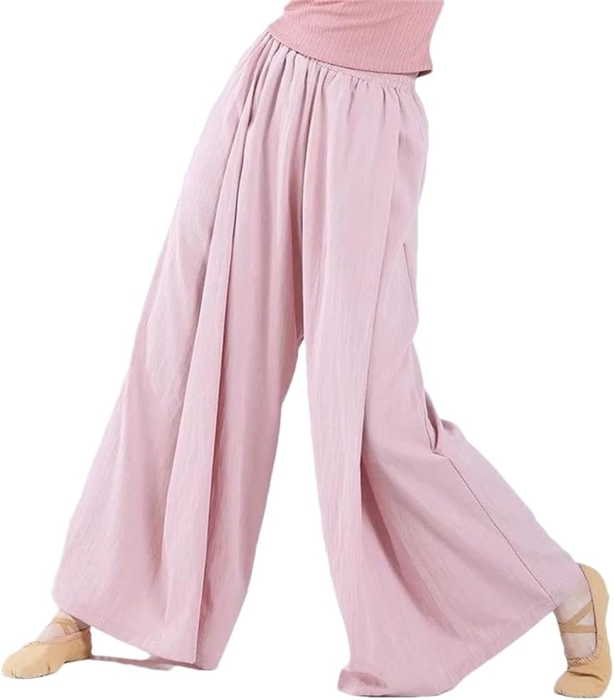 Women Cotton Dance Wide Leg Pant Linen High Waist Elastic Modern Classical Dance Trousers Class Performance Costume