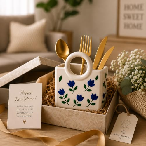 Image of Ceramic Utensil Holder with Blue Floral Pattern, White Kitchen Organiser, Cutlery Set Holder