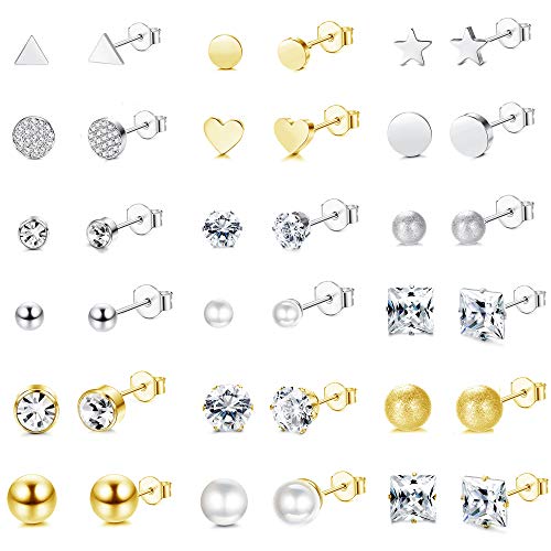 Jstyle 18Pairs Surgical Steel Stud Earrings Set for Women Men Crystal Pearl Ball Heart Cartilage Stud Ear Piercing Set Ear Stud Jewelry