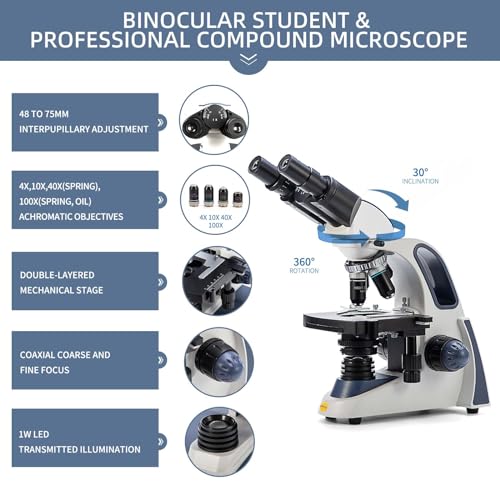 SWIFT SW380B Compound Binocular Microscope 40X-2500X, with 5MP USB Camera,Microscope Lens Adapter and 100 PCS Slide Kit