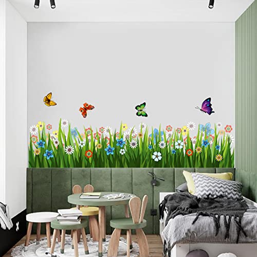 Image of Rangoli 'Walking in The Garden Flower' Wall Sticker | New Modern Art Butterflies Flying Over Grass | Large Reusable Self-Adhesive Sticker (PVC Vinyl, 70 cm x 50 cm), Multicolour