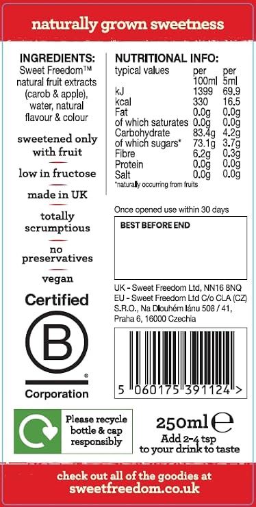 Sweet Freedom Barista Hazelnut Syrup 250 ml Bottle (Pack of 1)