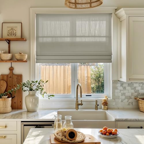 Image of TWOPAGES Isabella No Drill Cordless Roman Shade Linen Textured Cotton Roman Blind for Windows, Custom Made Room Darkening Blackout Roman Window Shade, Hardware Included, Flax, 1 Piece