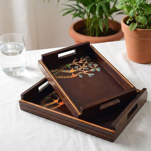 Image of AAKRITI ART CREATIONS Chirping Birds Handcrafted Serving Tray Set of 2 | Floral Art | Brown Wooden Tray Set | Glossy Finish Serving Trays | Tray for Dining Table & Kitchen