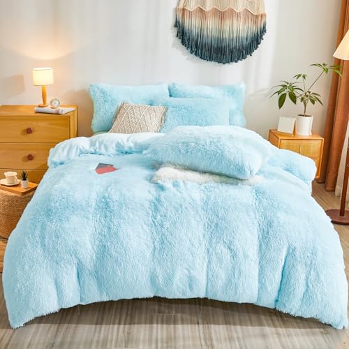 Shaggy Fluffy Light Blue Comforter Cover Queen Set – Faux Fur Shaggy Light Blue Bedding 3-Piece Set (1 Duvet Cover + 2 Furry Pillow Shams) Cozy Bed Set