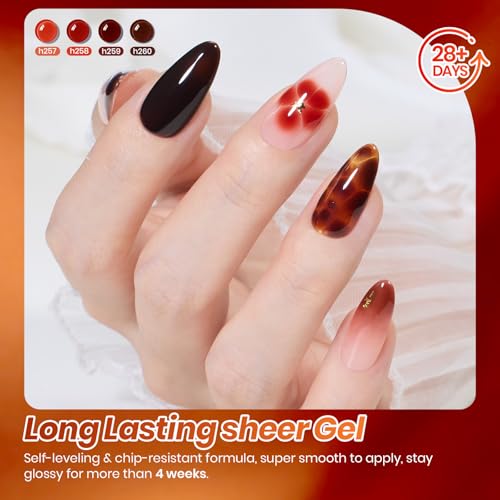 Image of Beetles Jelly Tortoise Nail Gel Polish Set| 6 Transparent Summer Colors Brown Amber Orange Caramel Dark Red Pumpkin Sheer Gel Nail Polish|Soak Off UV LED Nail Art DIY Salon at Home Tortoiseshell Jelly