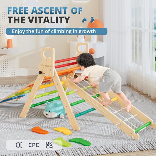 Image of BlueWood 10-in-1 Pikler Triangle Set, Toddler Climbing Toys Indoor, Montessori Climber, Baby Jungle Gyms with Arch, Extra Rope Ladder & Footprint Balance Beam - Neon Aurora