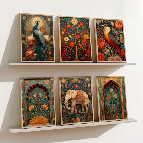 Image of kotart Madhubani Art Wall Painting Traditional Vastu Peacock Home Decoration With Frame For Living Room Bed Room Hotel Wall Decor Digital Reprint Set of 6 (10X13 inch)