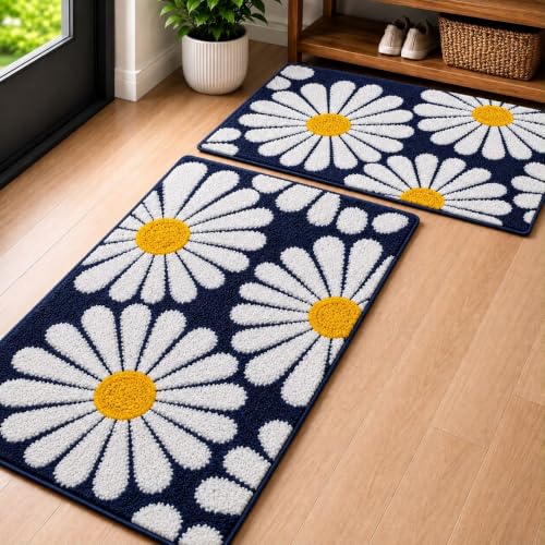 Image of Roseate Flower Anti Skid (40x60 cm) Microfiber 2000 GSM Bath Mat for Bathroom /Bedroom /Door Mat /Floor Mat (Blue) Pack of 2