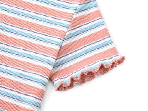 Image of Girls Striped T-Shirt Lettuce Trim Short Sleeve Top Size 6-16 | Soft stretch ribbed knit fabric, breathable blouse,summer outfit for big girls & teen, for school, party and daily activity