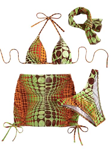 COZYEASE Women's 4 Piece Swimsuits Sexy Bikini Sets Triangle Bathing Suit with Mesh Cover Up Beach Skirt & Bandana4