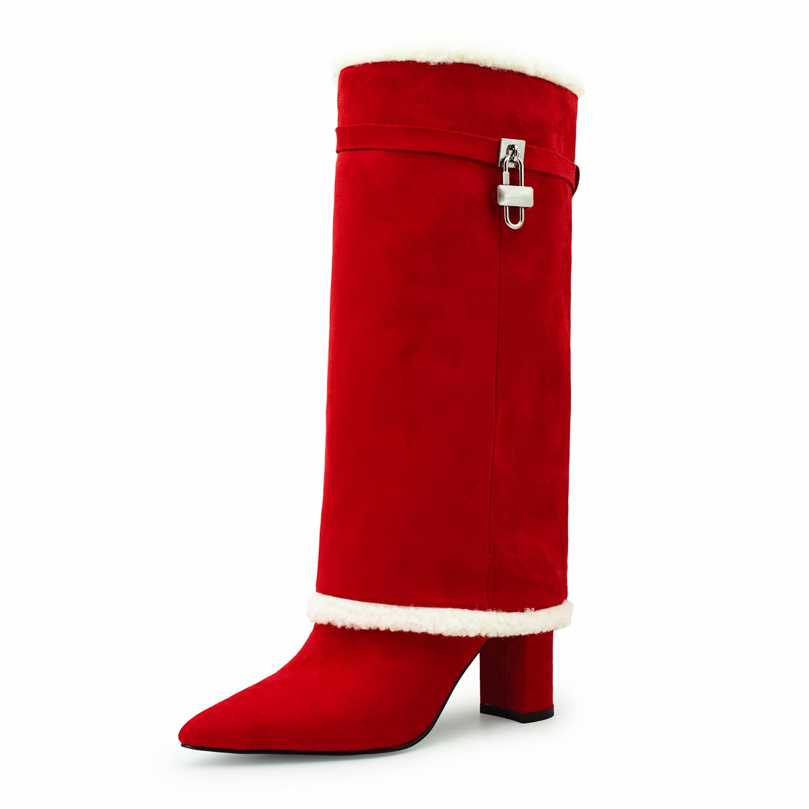 Fold over Mid Calf Boots For Women Chunky Heel Pointed Toe Wide Calf Fashion Sexy Winter Boots For