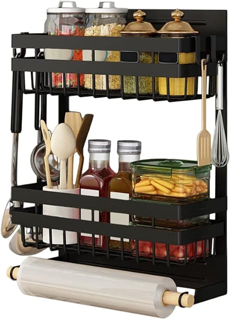 Redwestmelon Magnetic Fridge Spice Rack 3 Tier Kitchen Condiment Seasoning Storage Organizer Shelf, Refrigerator Side Rack with Paper Towel Holder and 4 Removable Mobile Hooks